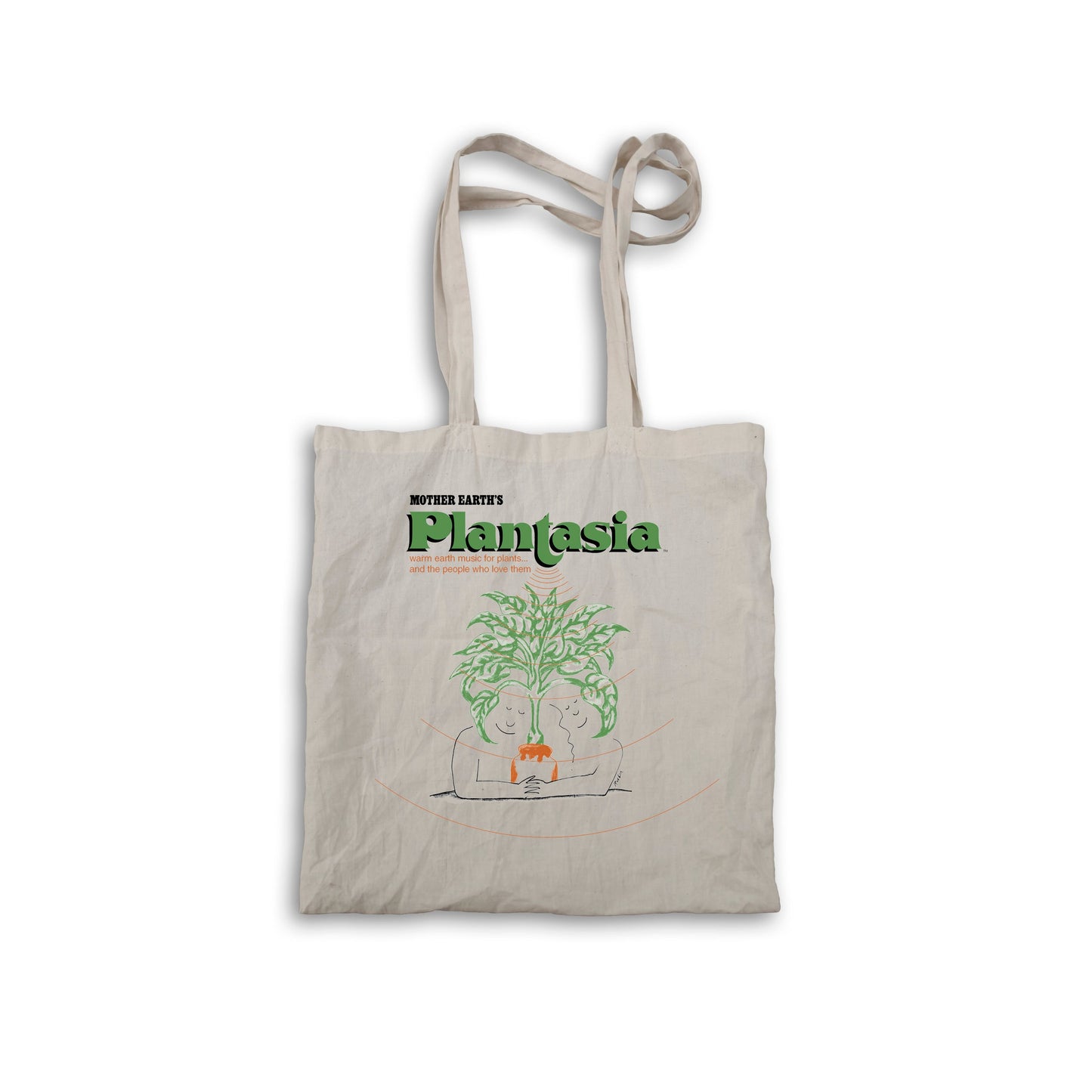 Plantasia Tote Bag featuring green botanical artwork and text on a natural cotton fabric with long handles