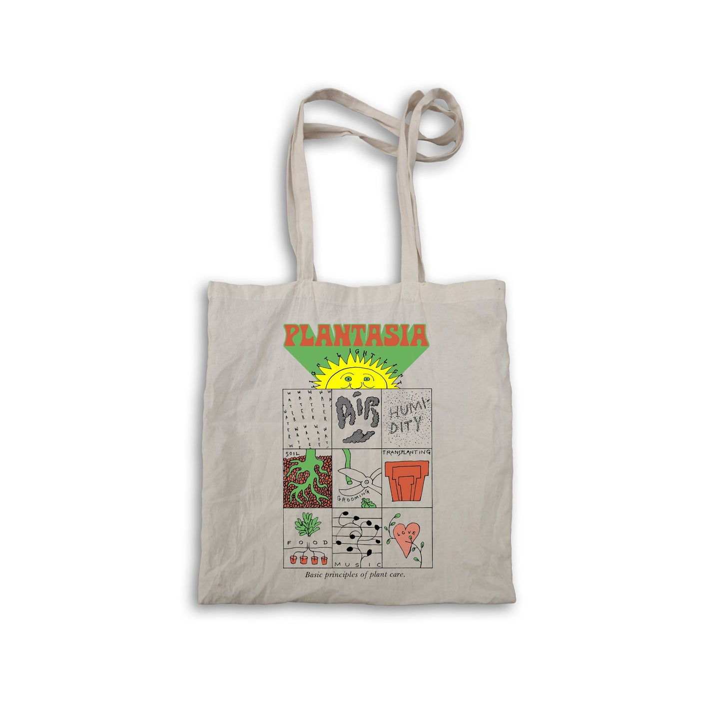 Plantasia Tote Bag "Basic Principles of Plant Care" with colorful plant care illustrations on natural fabric tote bag.
