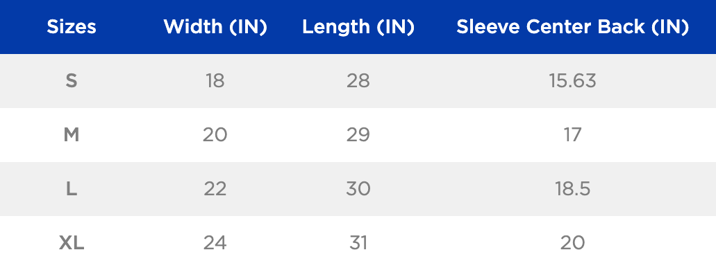 Size chart showing width, length, and sleeve center back measurements for the Plantasia "Cover Art" White T-Shirt in various sizes