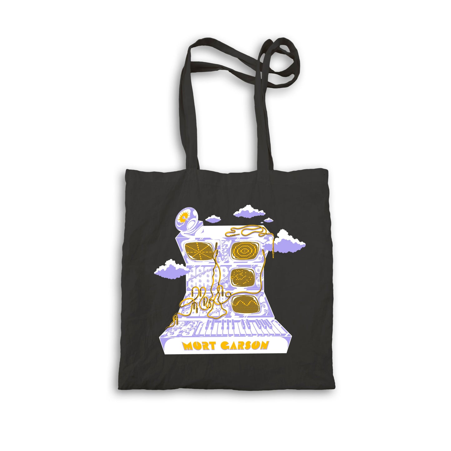 Black tote bag with colorful abstract space and musical design and text reading Journey to the Moon and Beyond Tote Bag