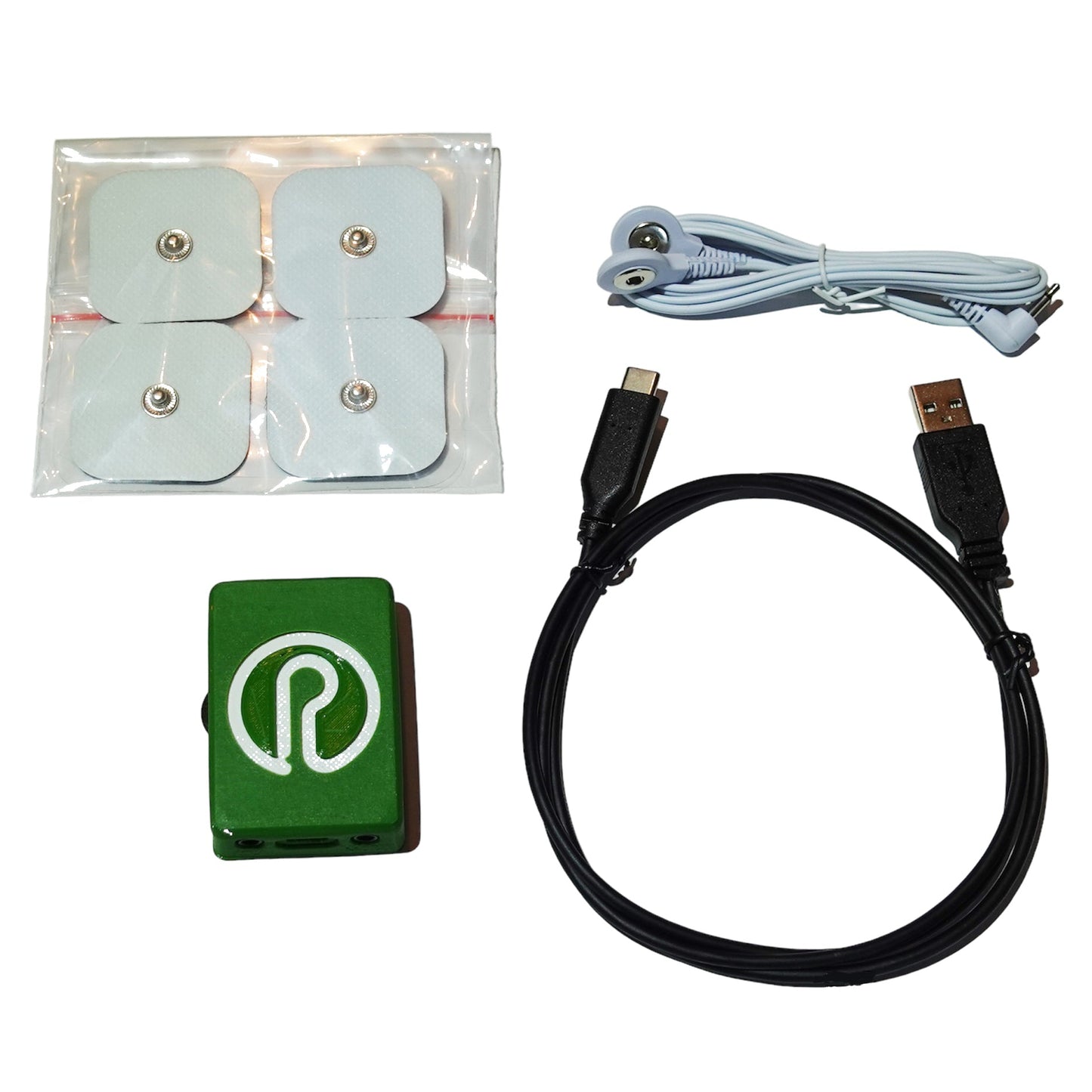 Small green Patch Cord Production MIDI Biodata Sonication Device with white electrodes and USB and white patch cables.