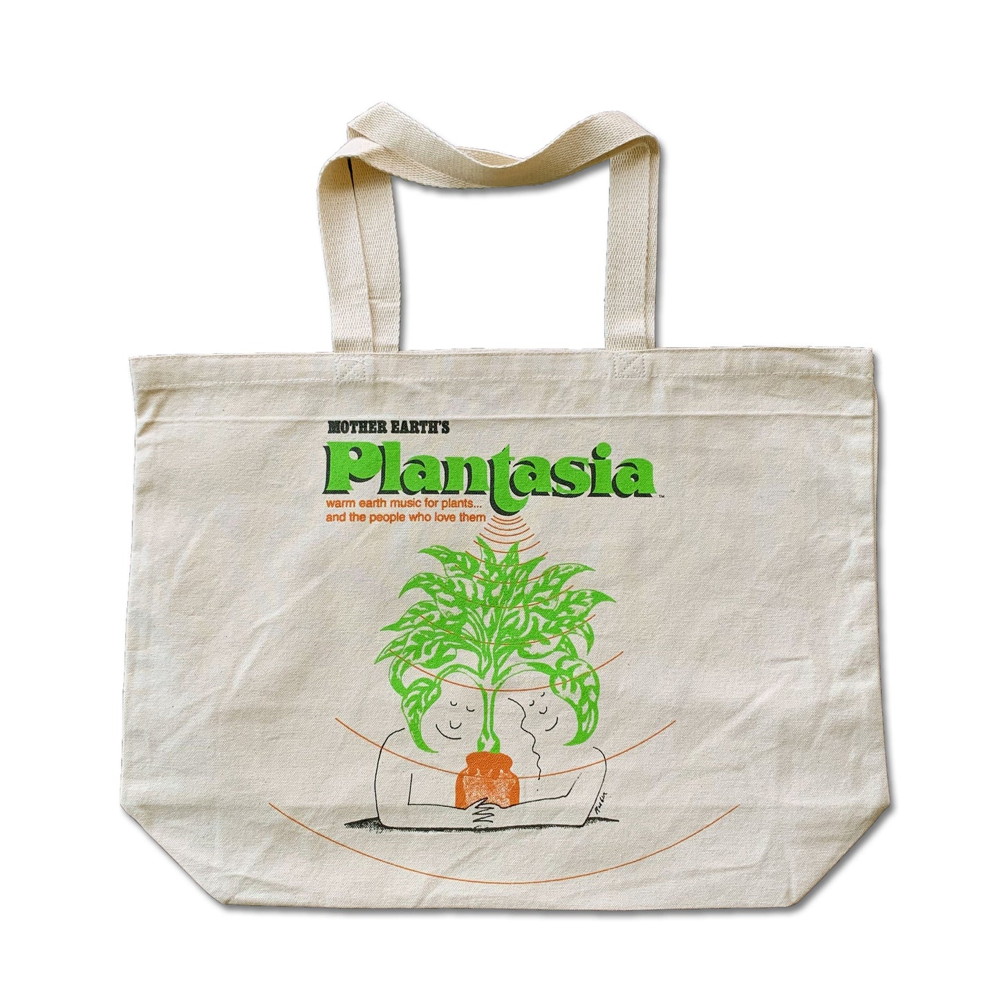 Plantasia Jumbo Canvas Bag with green plant illustration and warm earth tones on natural canvas material