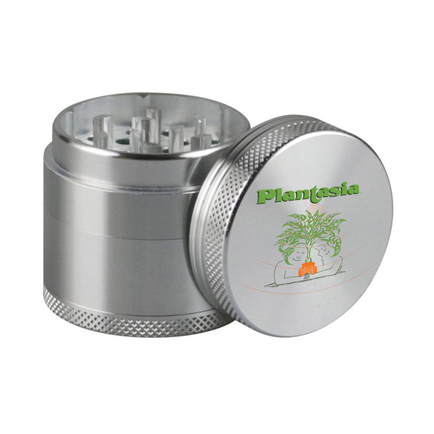 Silver metal herb grinder with textured grip and Plantasia: Grinder logo featuring a leafy plant design on the lid