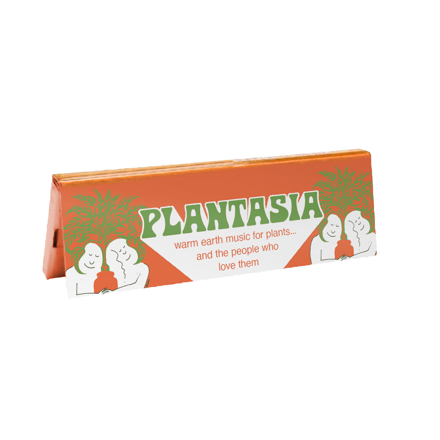 Orange-packaged Plantasia: Rolling Papers with green text and illustrations of people holding potted plants on white background