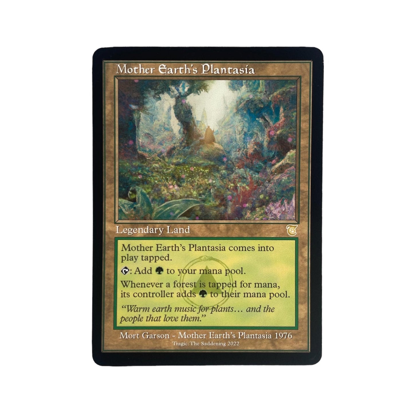 Illustrated fantasy forest scene card with text titled Plantasia Tragic The Saddening Card featuring vibrant plants and mystical lighting