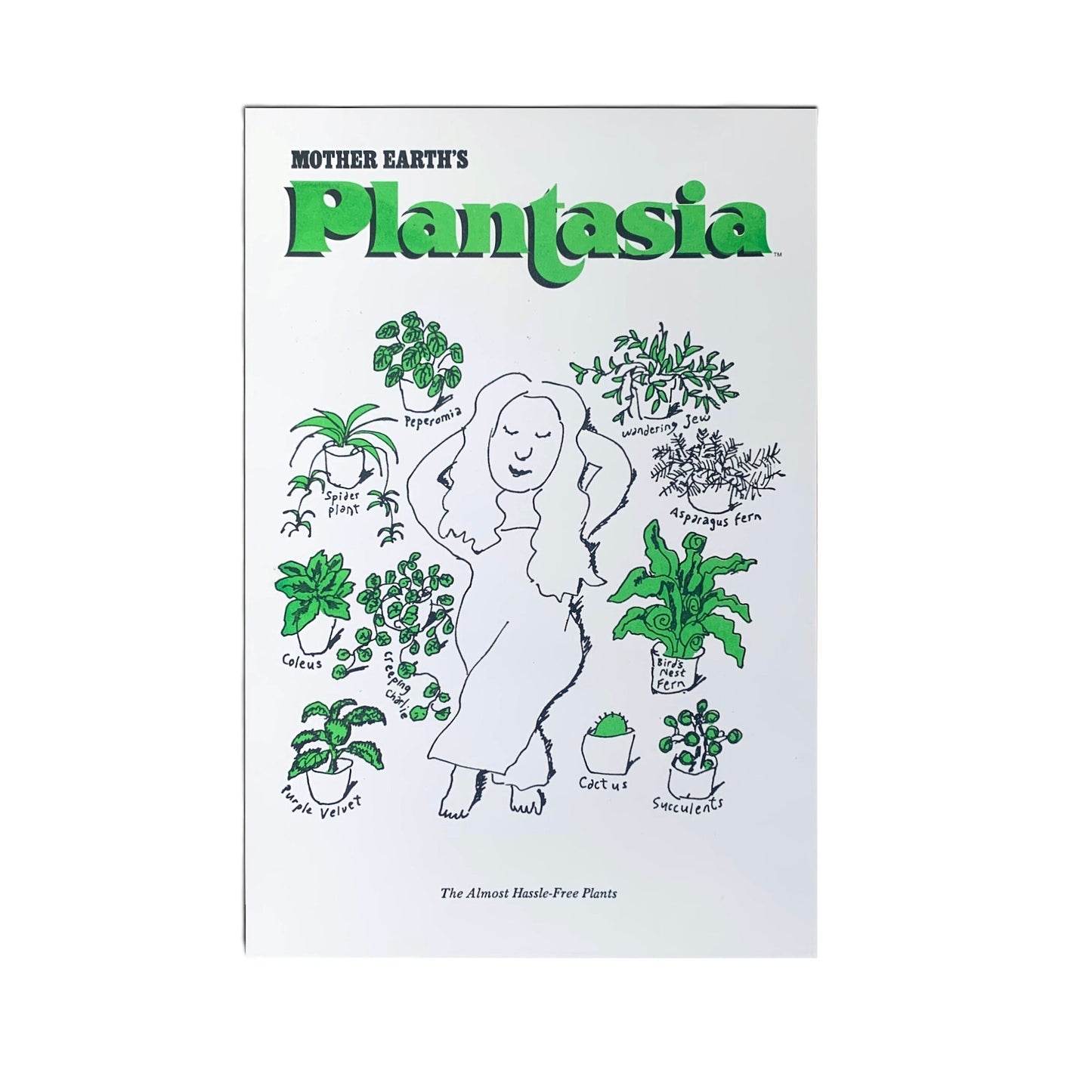 Plantasia "Woman With Her Plants" Poster featuring a woman surrounded by illustrated green houseplants and plant names