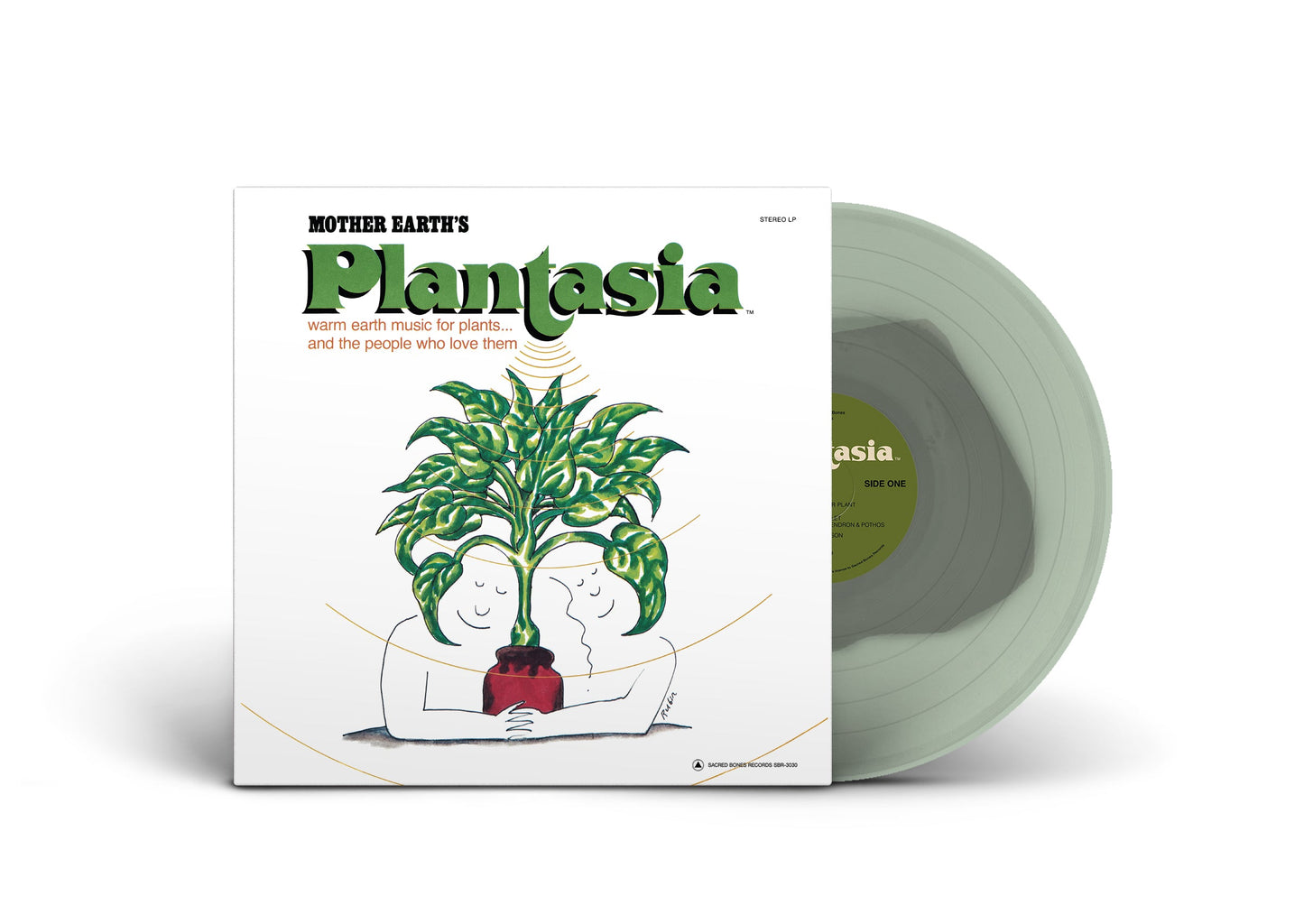 Mother Earthʼs Plantasia vinyl record with green translucent disc and illustrated album cover of two figures hugging a plant