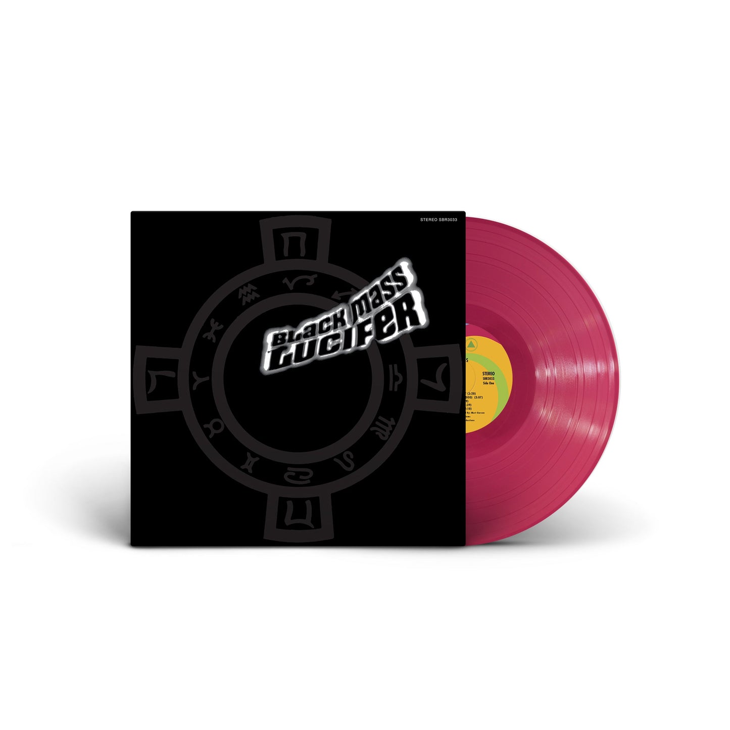 Black Mass vinyl record with black cover featuring a dark sigil and bold white title lettering on pink translucent vinyl