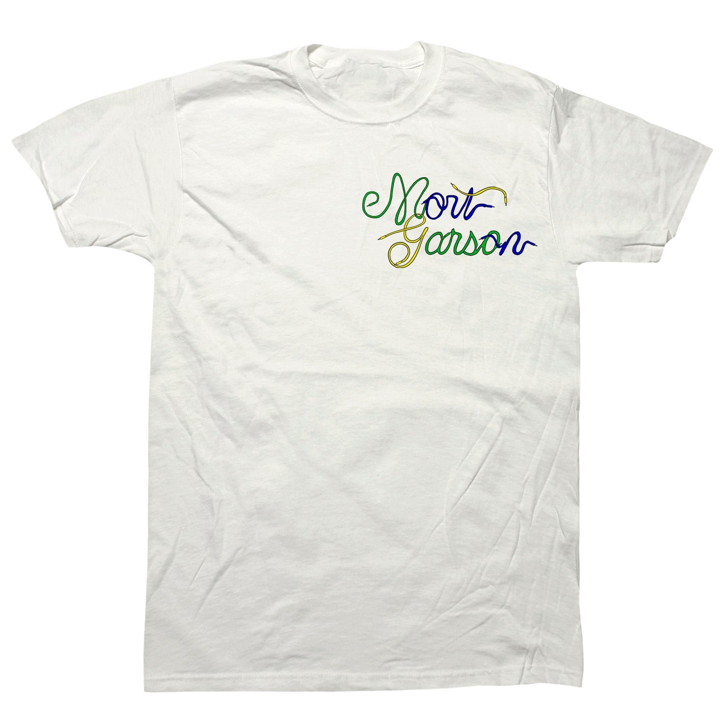 Jess Rotter "100 Years of Mort Garson" Tee in white with colorful cursive Mort Garson text on front