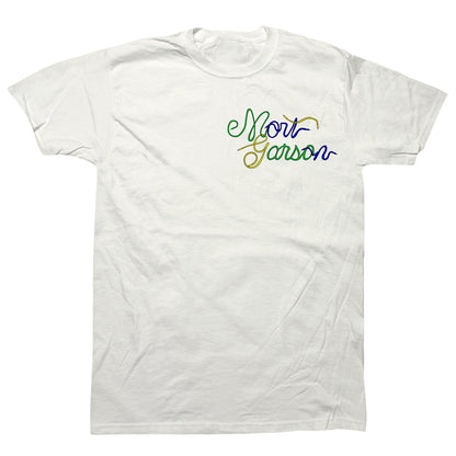 Jess Rotter "100 Years of Mort Garson" Tee in white with colorful cursive Mort Garson text on front