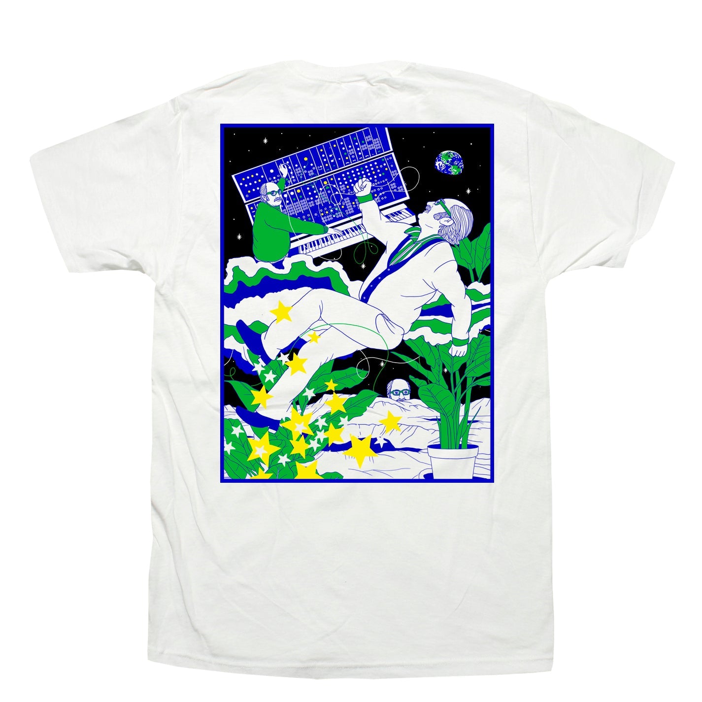 White Jess Rotter "100 Years of Mort Garson" Tee with colorful space-themed illustration on the back, featuring synthesizer and plants.