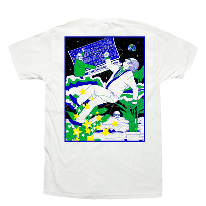White Jess Rotter "100 Years of Mort Garson" Tee with colorful space-themed illustration on the back, featuring synthesizer and plants.