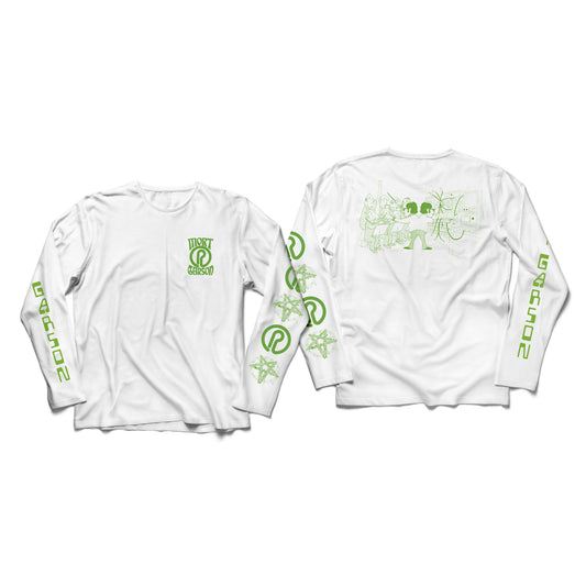 Mort Garson's Patch Cord Production Long Sleeve Tee in white with green graphic and text on front, back, and sleeves.