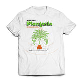White t-shirt with Plantasia "Cover Art" featuring a green plant held by two embracing figures.