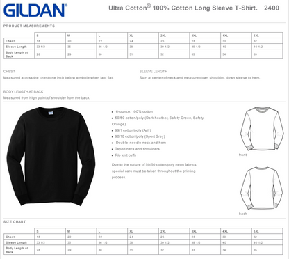 Plantasia Cover Art Black Longsleeve Tee displayed on cotton fabric size chart with front and back views.