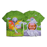 Journey to the Moon and Beyond All Over Print Tee Shirt featuring colorful space and astronaut designs on green background