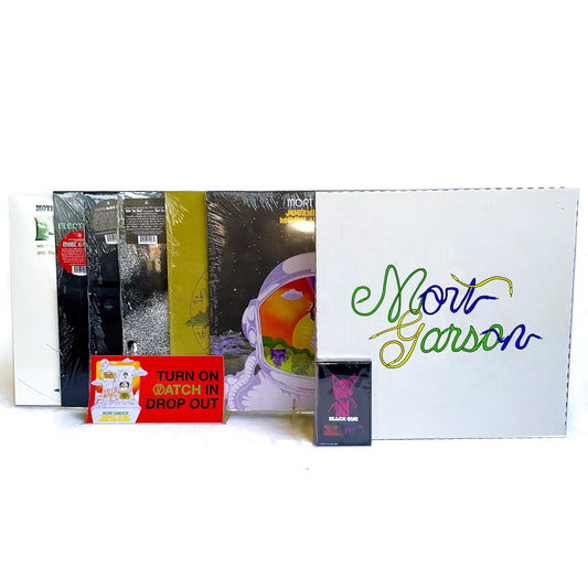 Mort Garson 100th Birthday Bundle with vinyl records, cassette, and colorful signature box set packaging.
