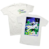 Jess Rotter "100 Years of Mort Garson" Tee with colorful front text and vibrant astronaut synthesizer graphic on back