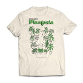 Plantasia "Man With His Plants" T-Shirt featuring green plant illustrations and a man surrounded by potted plants on cream fabric