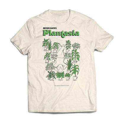 Plantasia "Man With His Plants" T-Shirt featuring green plant illustrations and a man surrounded by potted plants on cream fabric
