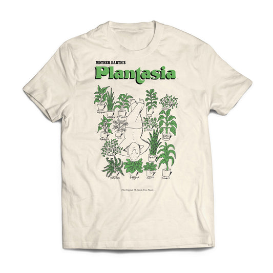 Plantasia "Man With His Plants" T-Shirt featuring green plant illustrations and a man surrounded by potted plants on cream fabric