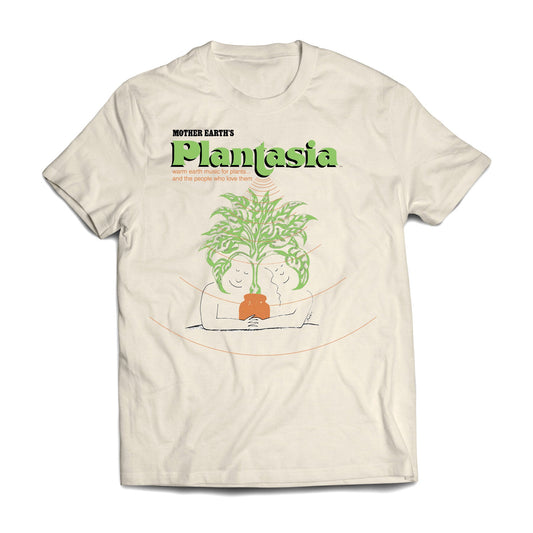 Plantasia "Cover Art" Tan T-Shirt featuring green plant illustration and text inspired by Mother Earth's Plantasia album art.