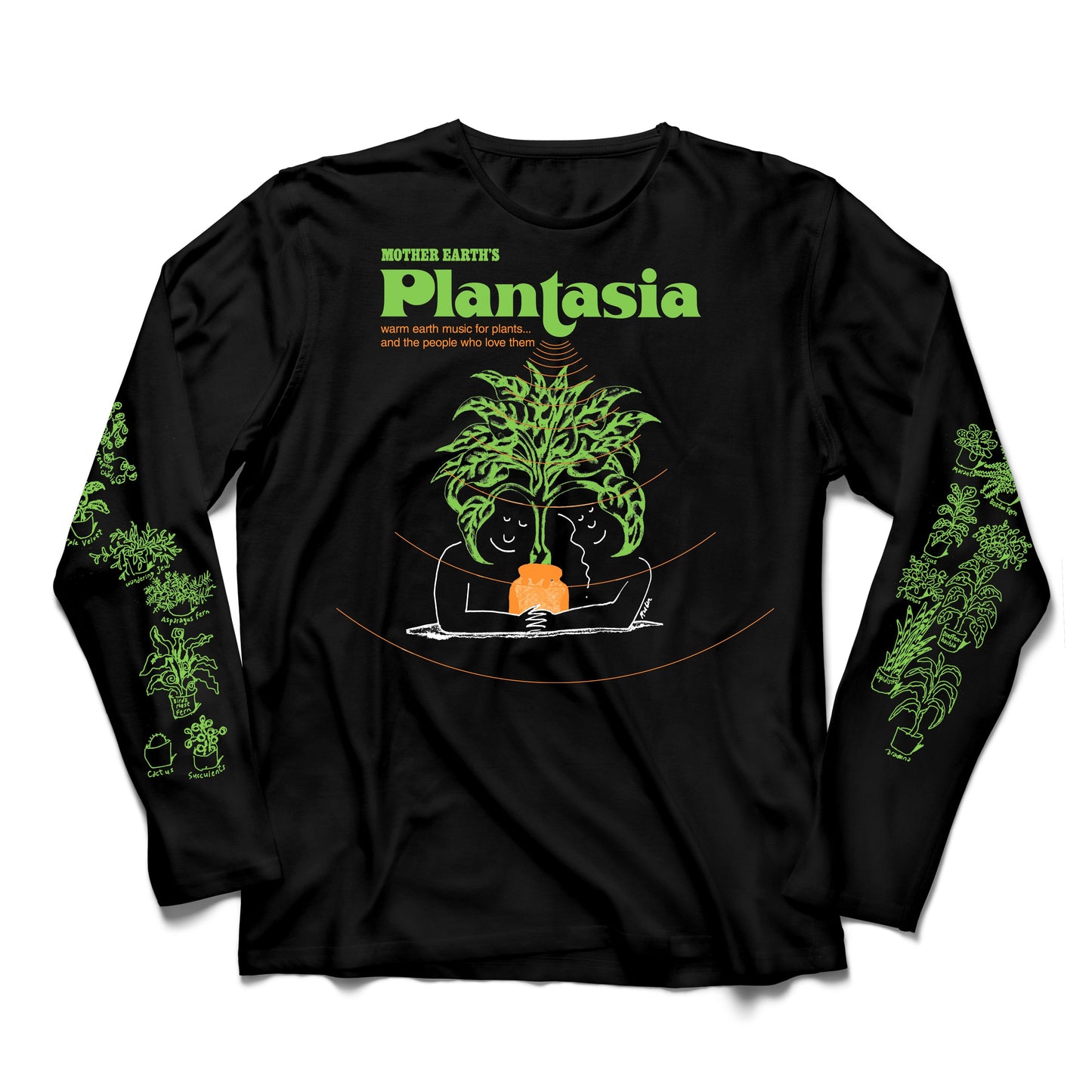 Plantasia Cover Art Black Longsleeve Tee with green plant designs on sleeves and central graphic of two faces holding a plant pot