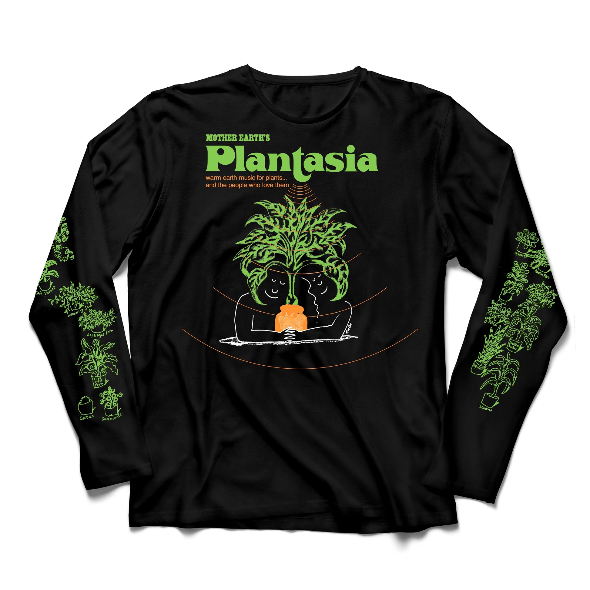 Plantasia Cover Art Black Longsleeve Tee with green plant designs on sleeves and central graphic of two faces holding a plant pot