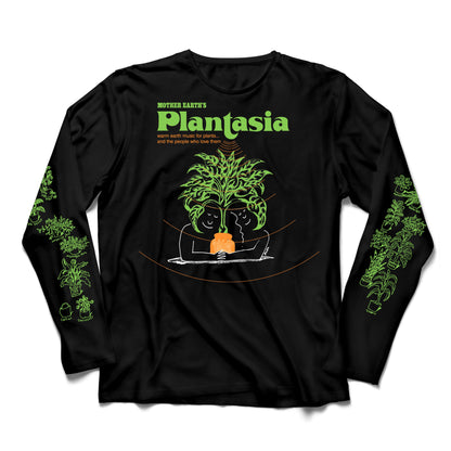 Plantasia Cover Art Black Longsleeve Tee with green plant designs on sleeves and central graphic of two faces holding a plant pot
