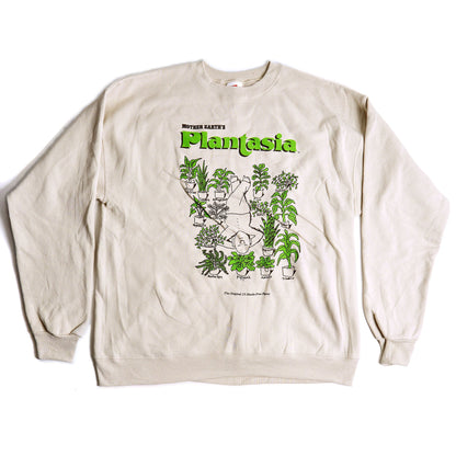 Plantasia "Man With His Plants" Crew Neck Sweatshirt in cream with green plant illustrations and text design on front