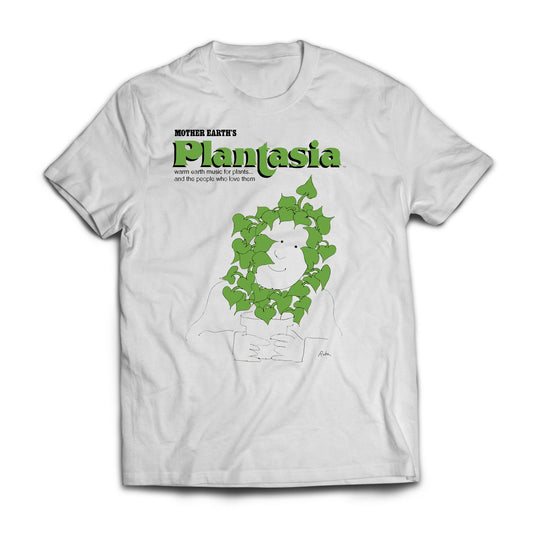 Mort Garson: Plantasia "Plant Crown" T-Shirt with green leafy design and text on white fabric
