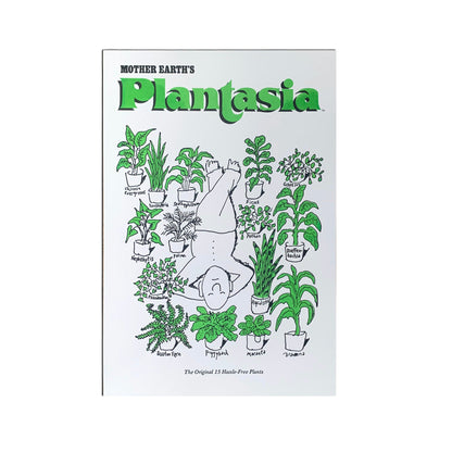 Plantasia "Man With His Plants" Poster featuring a person surrounded by illustrated green houseplants and plant names in black text.