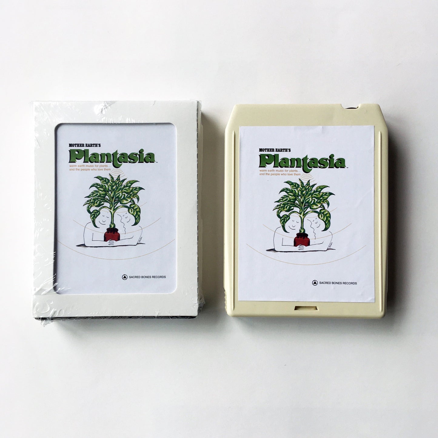 Mother Earthʼs Plantasia 8-track tape in cream case and white box with green and black plant design on labels