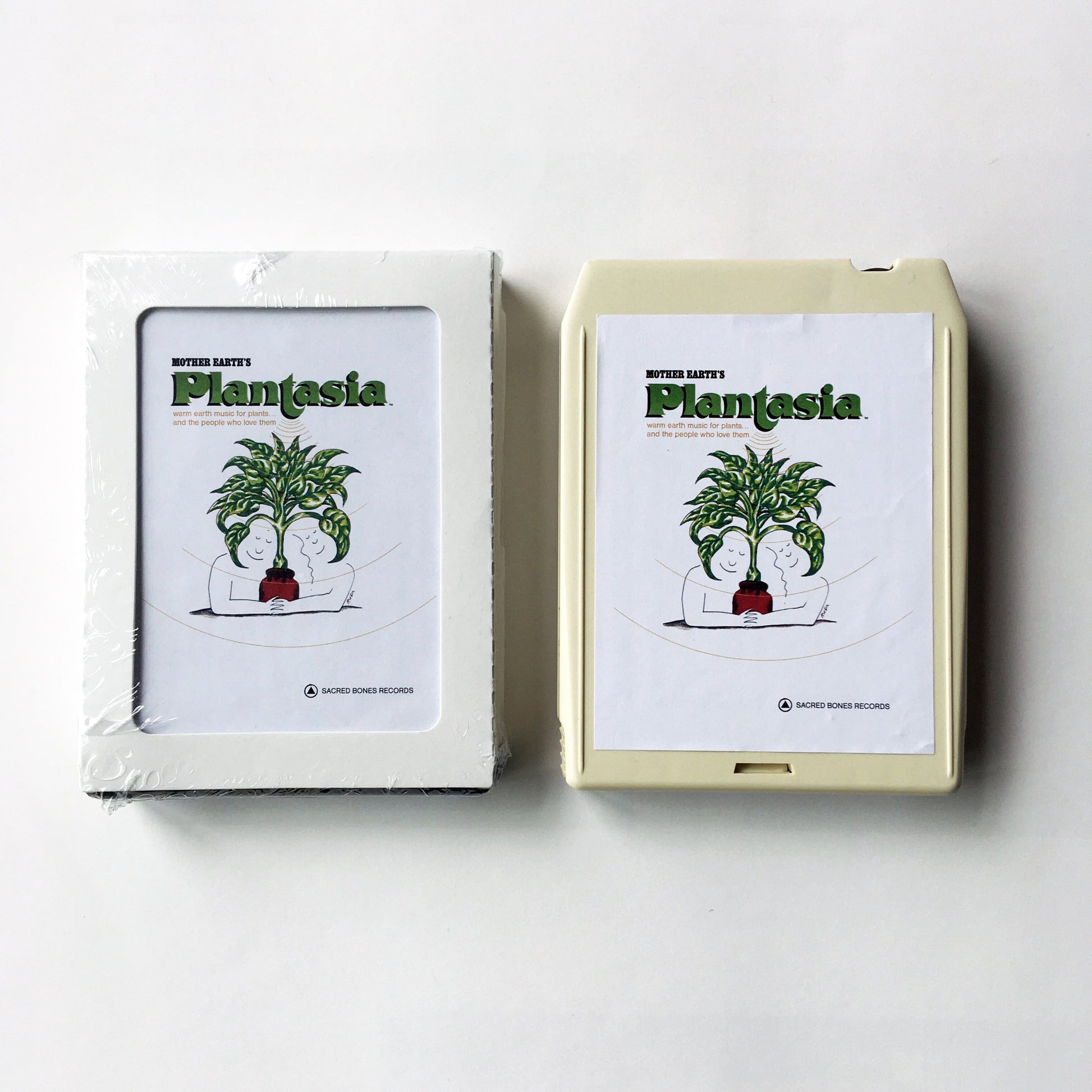 Mother Earthʼs Plantasia 8-track tape in cream case and white box with green and black plant design on labels
