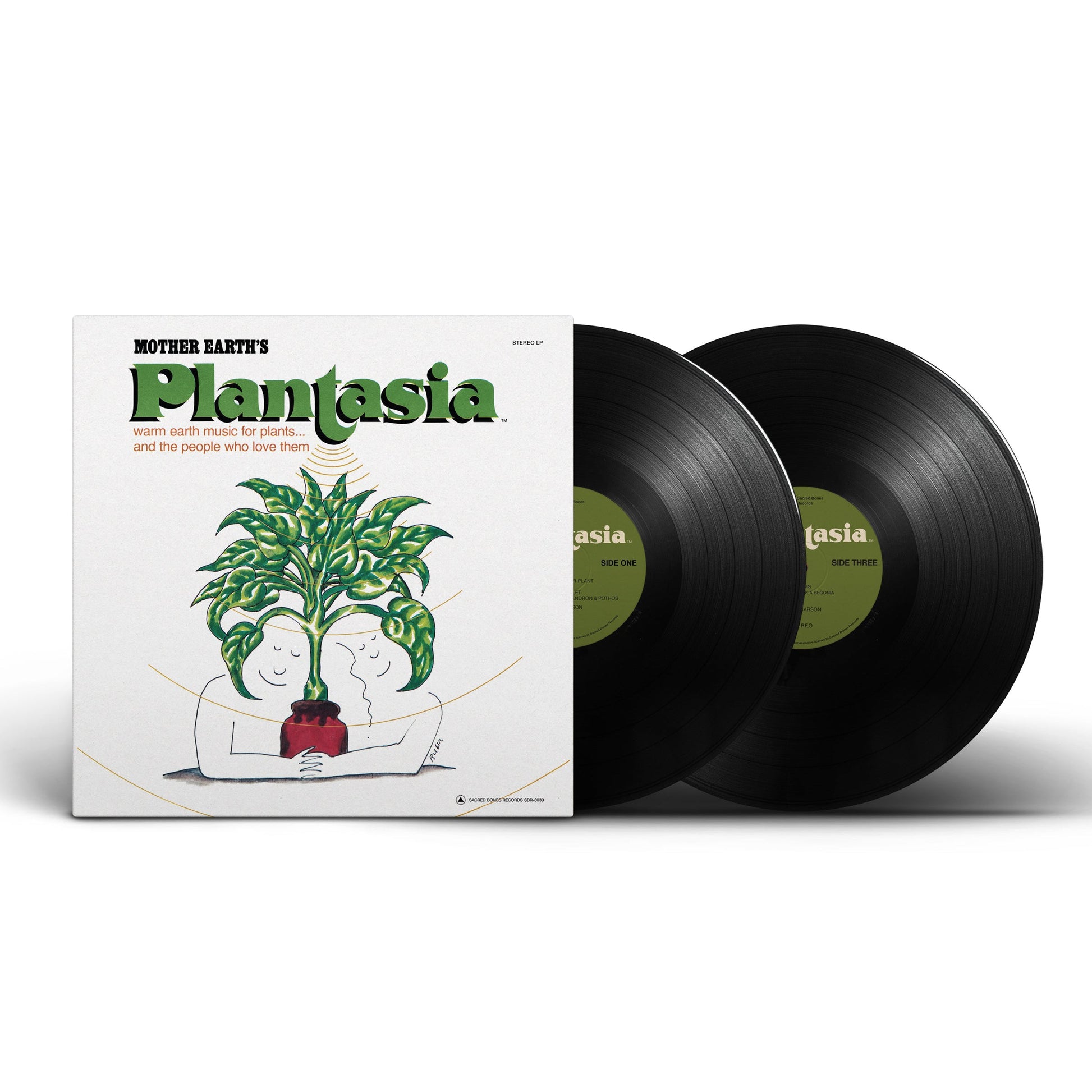 Mother Earthʼs Plantasia vinyl record album with green plant illustration on the cover and two black records visible