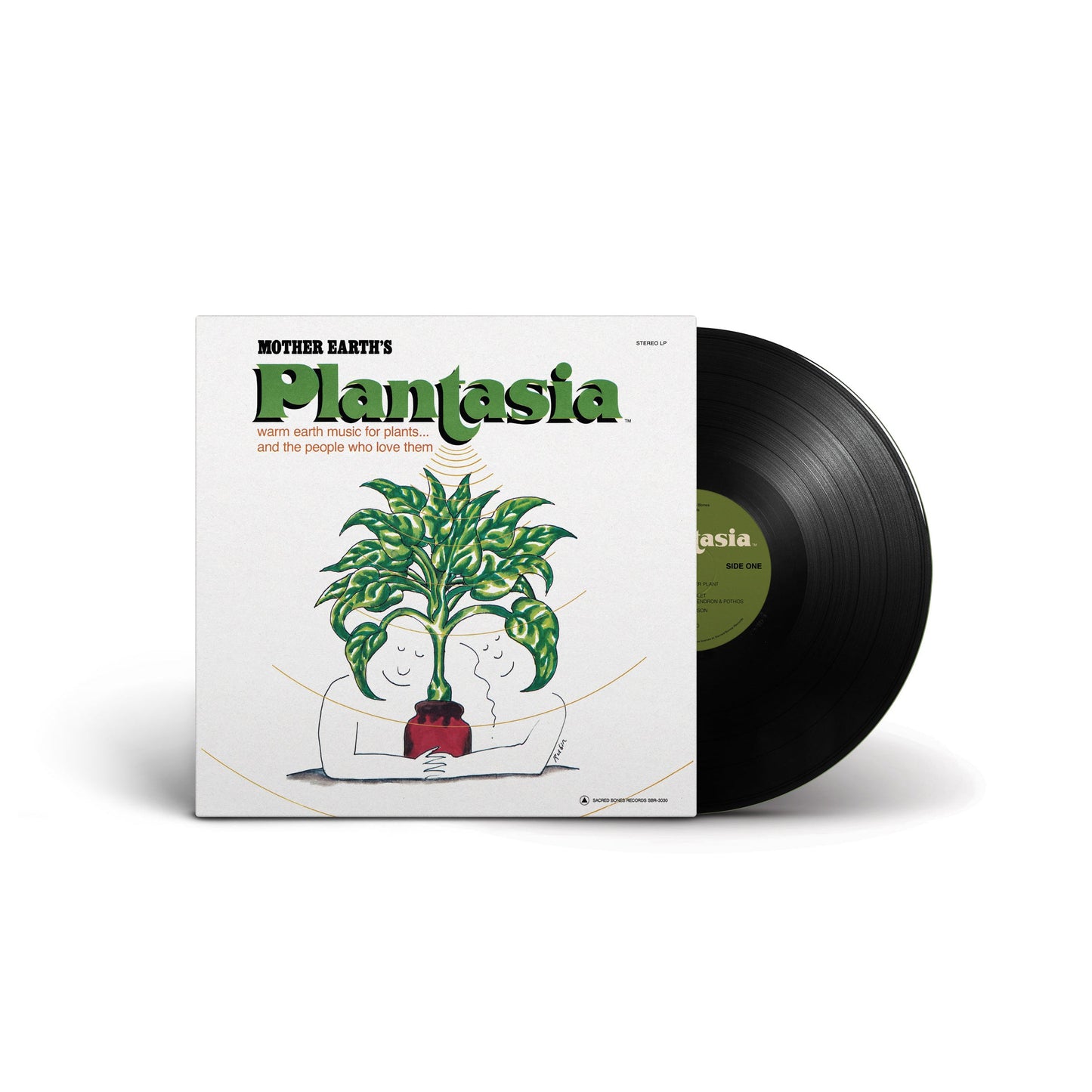 Vinyl record and cover of Mother Earthʼs Plantasia featuring illustrated characters hugging a potted plant on white background