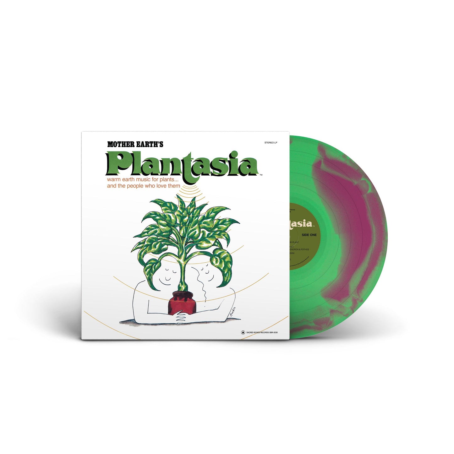 Mother Earthʼs Plantasia vinyl record with green and purple marbled design and illustrated cover art