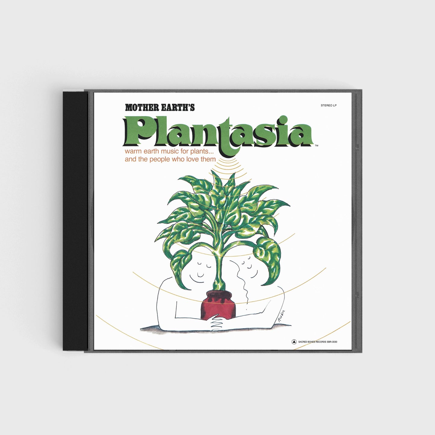 CD album cover of Mother Earthʼs Plantasia featuring illustrated people hugging a large potted plant against a white background