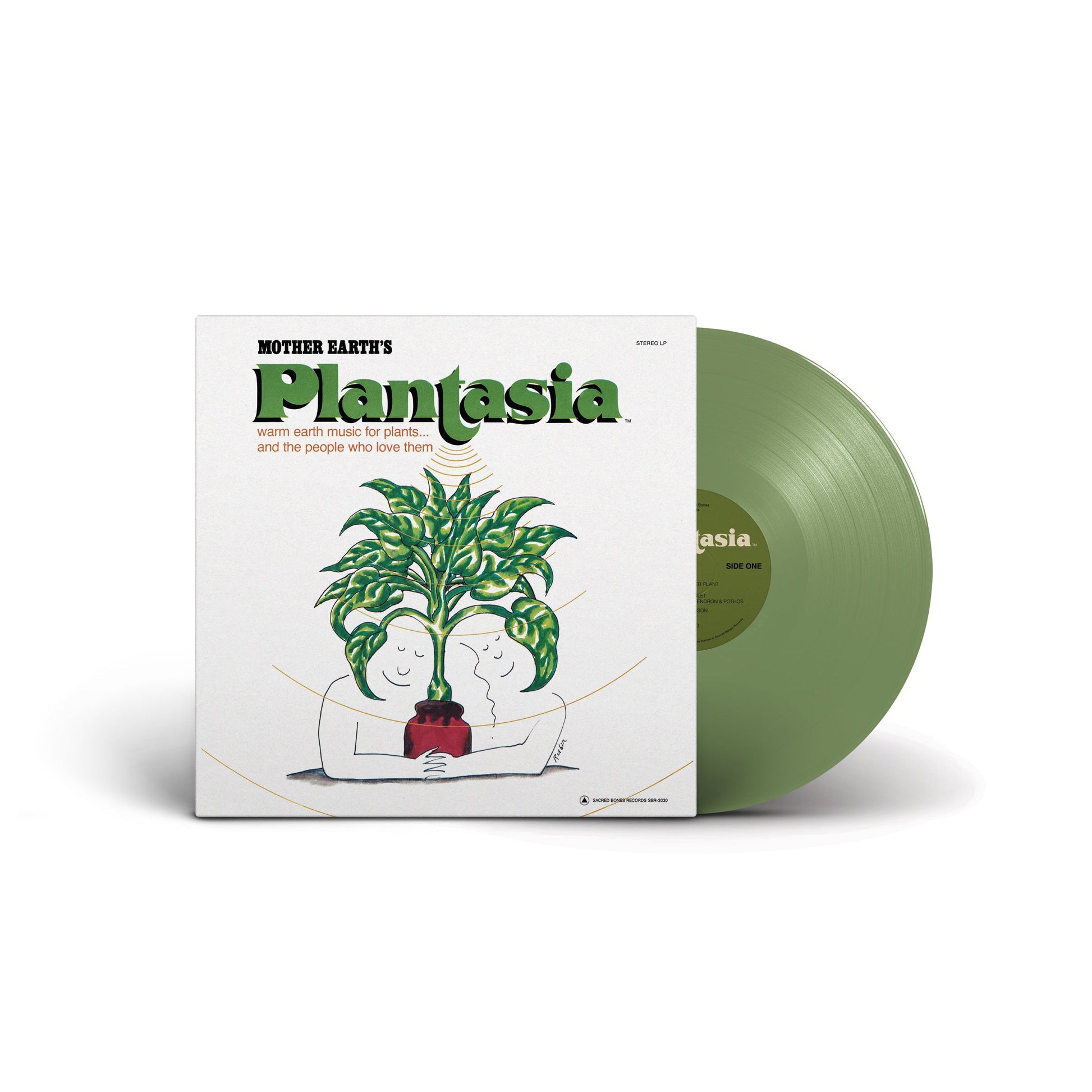 Mother Earthʼs Plantasia green vinyl record with illustrated cover featuring two figures hugging a potted plant