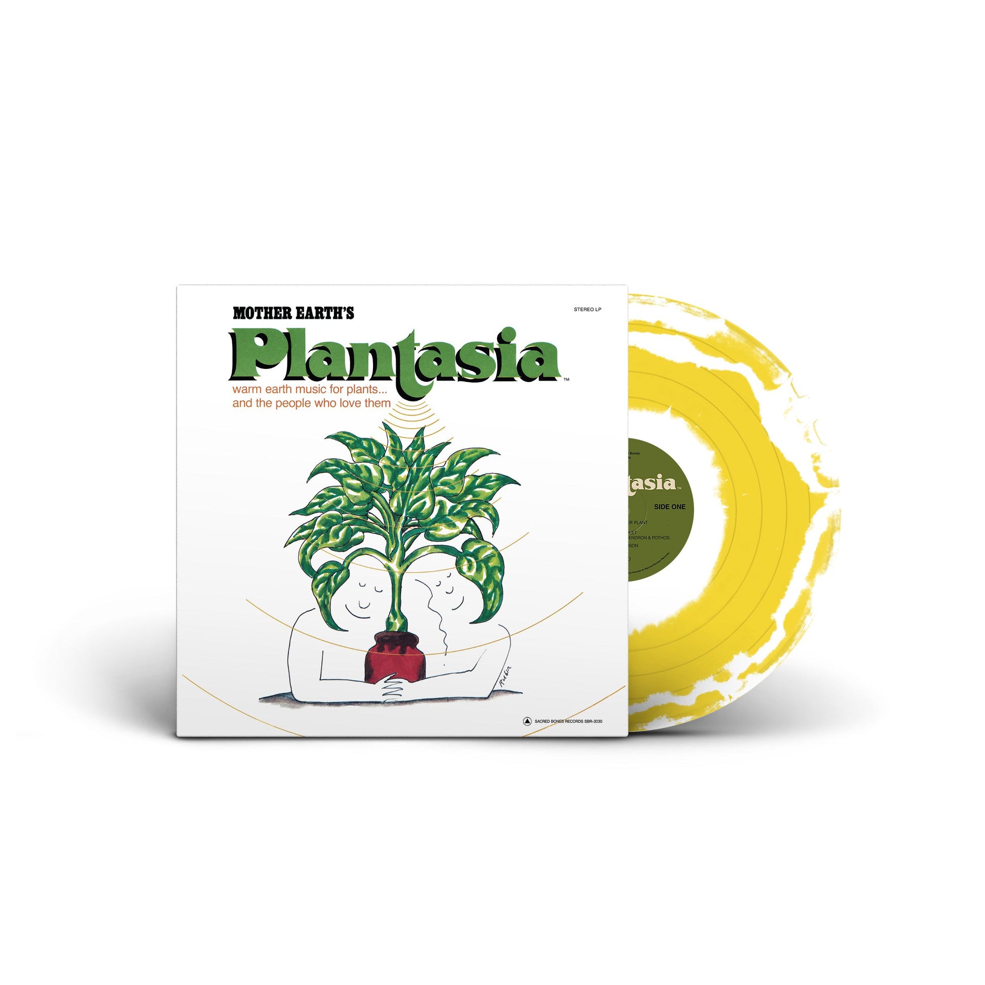 Mother Earthʼs Plantasia vinyl record with yellow sunburst design and illustrated cover of two figures hugging plants