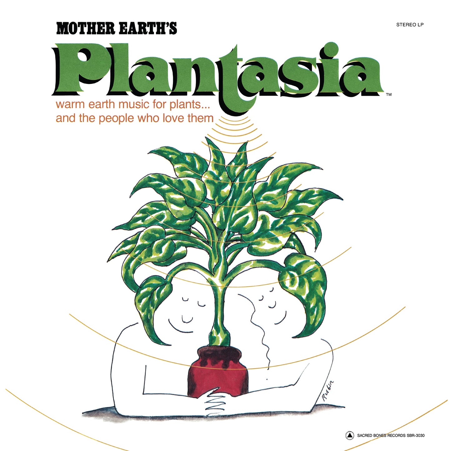 Album cover art for Mother Earthʼs Plantasia showing two figures embracing a leafy green plant in a red pot.