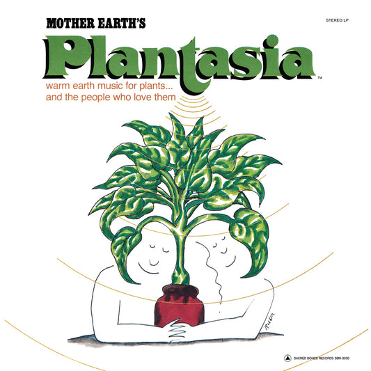Album cover art for Mother Earthʼs Plantasia showing two figures embracing a leafy green plant in a red pot.
