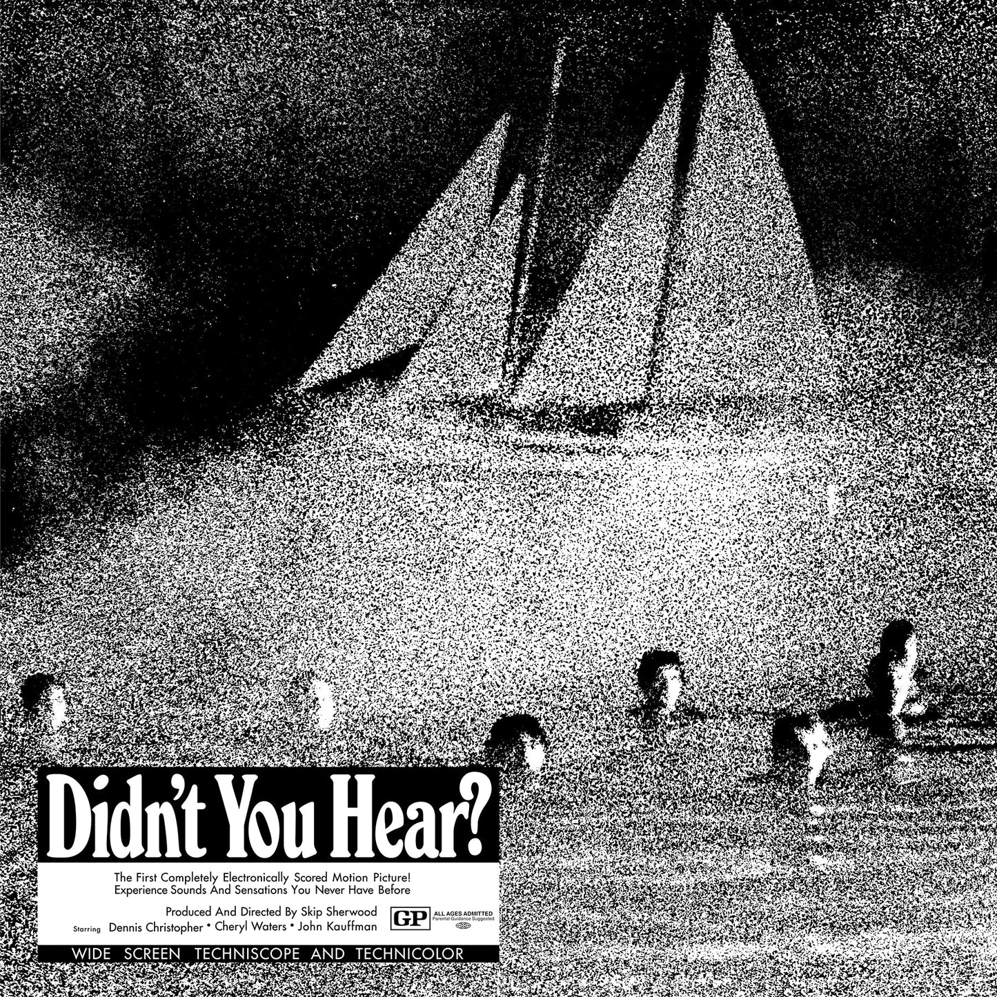 Black and white image with heads emerging from water and a sailing ship silhouette for Didn't You Hear? record cover.