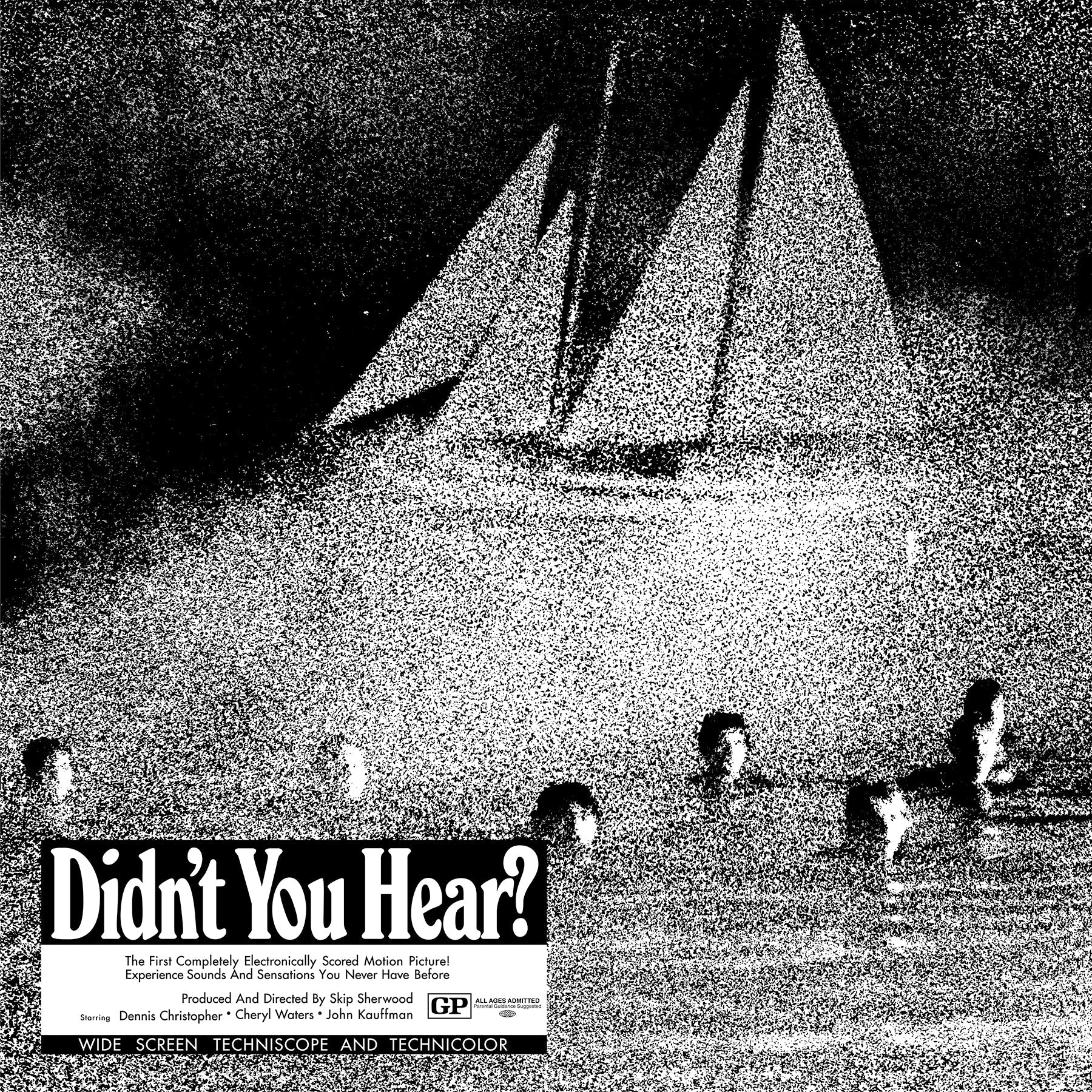 Black and white image with heads emerging from water and a sailing ship silhouette for Didn't You Hear? record cover.