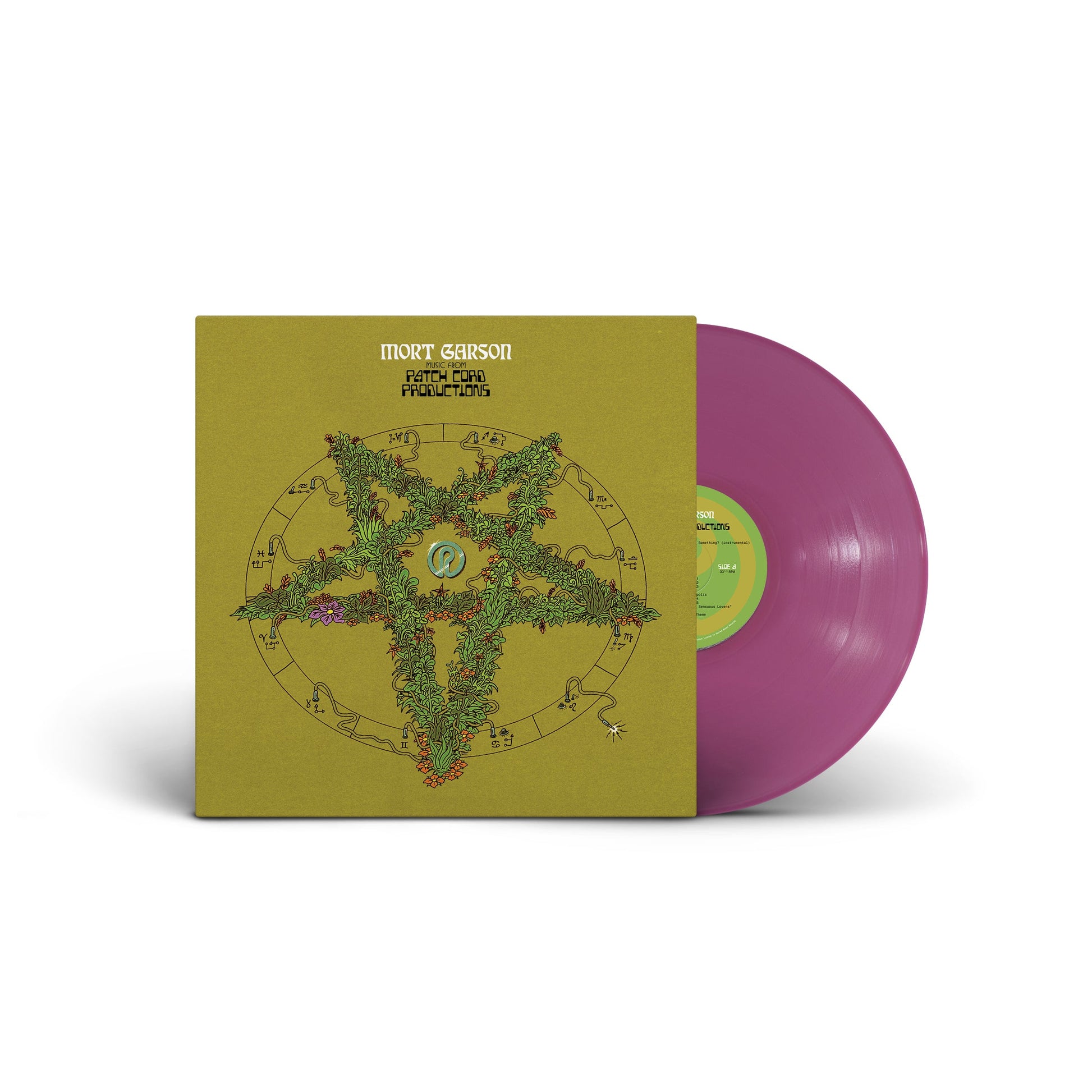 Purple vinyl record with green and floral album cover labeled Music From Patch Cord Productions vinyl by Mort Garson
