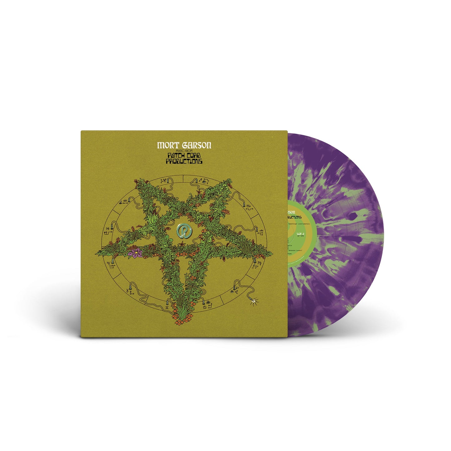 Music From Patch Cord Productions vinyl record with green botanical star design and purple lime splash colored vinyl disc