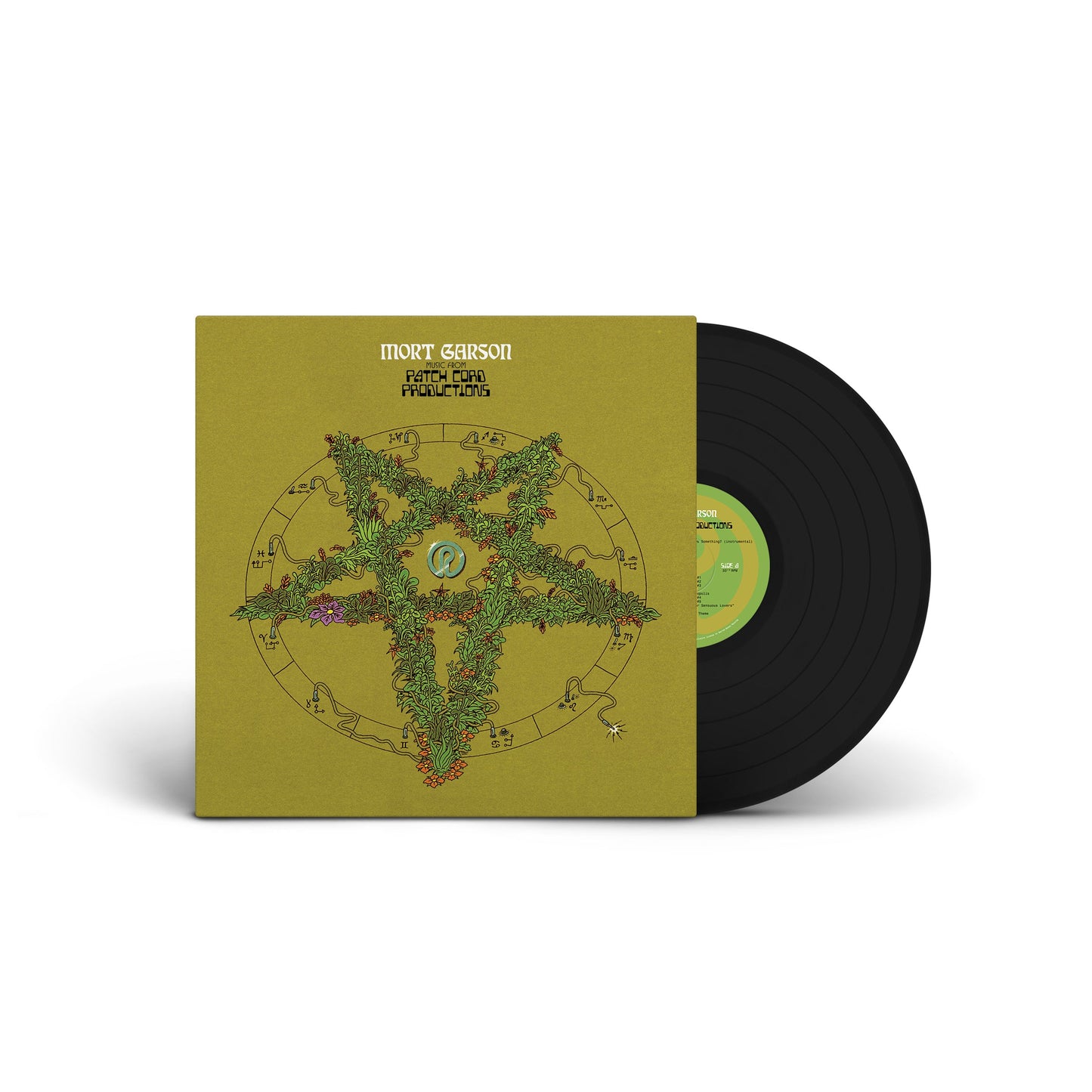 Black vinyl record next to an illustrated album cover featuring a leafy pentagram design titled Music From Patch Cord Productions