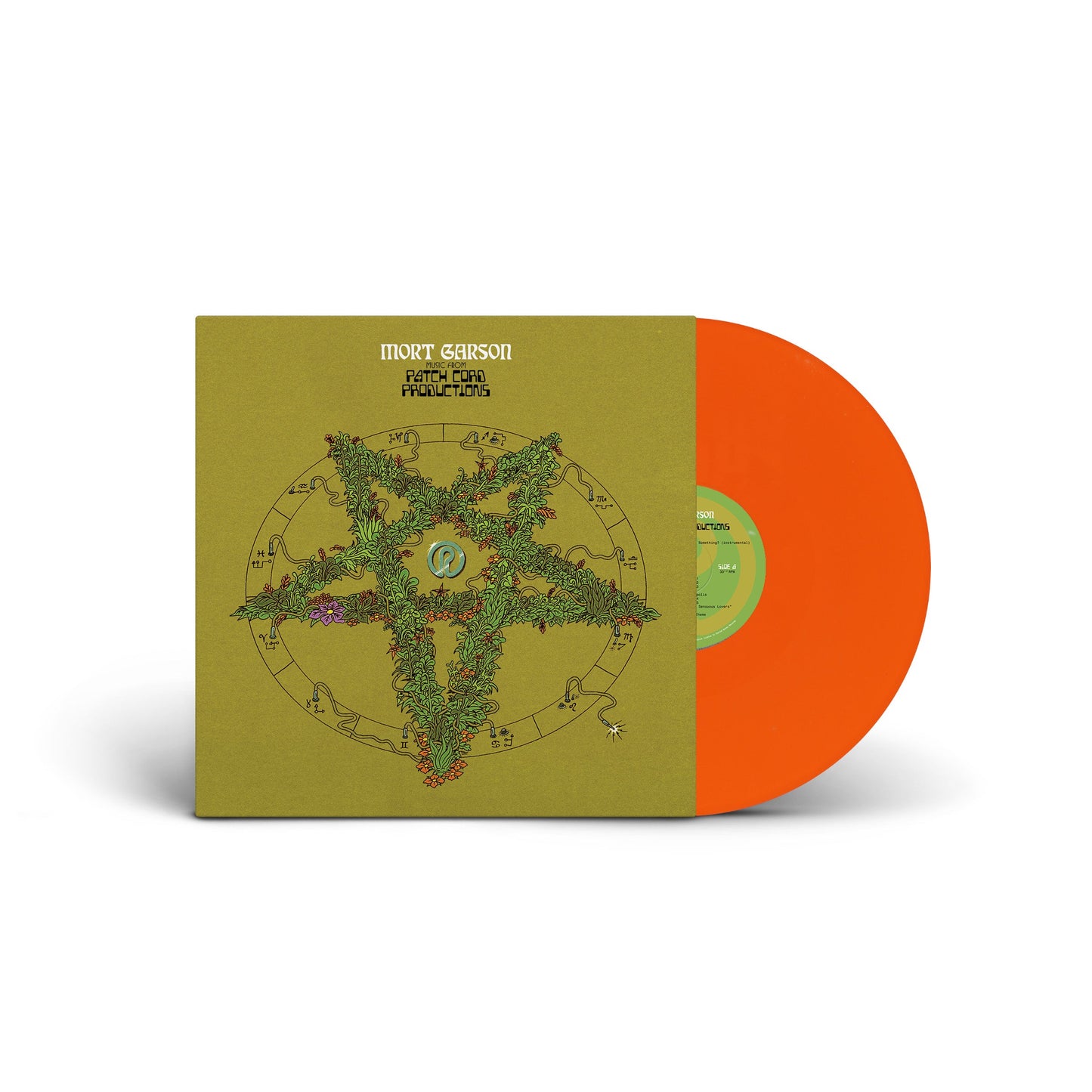 Music From Patch Cord Productions vinyl record with green and floral cover art and bright orange vinyl disc.