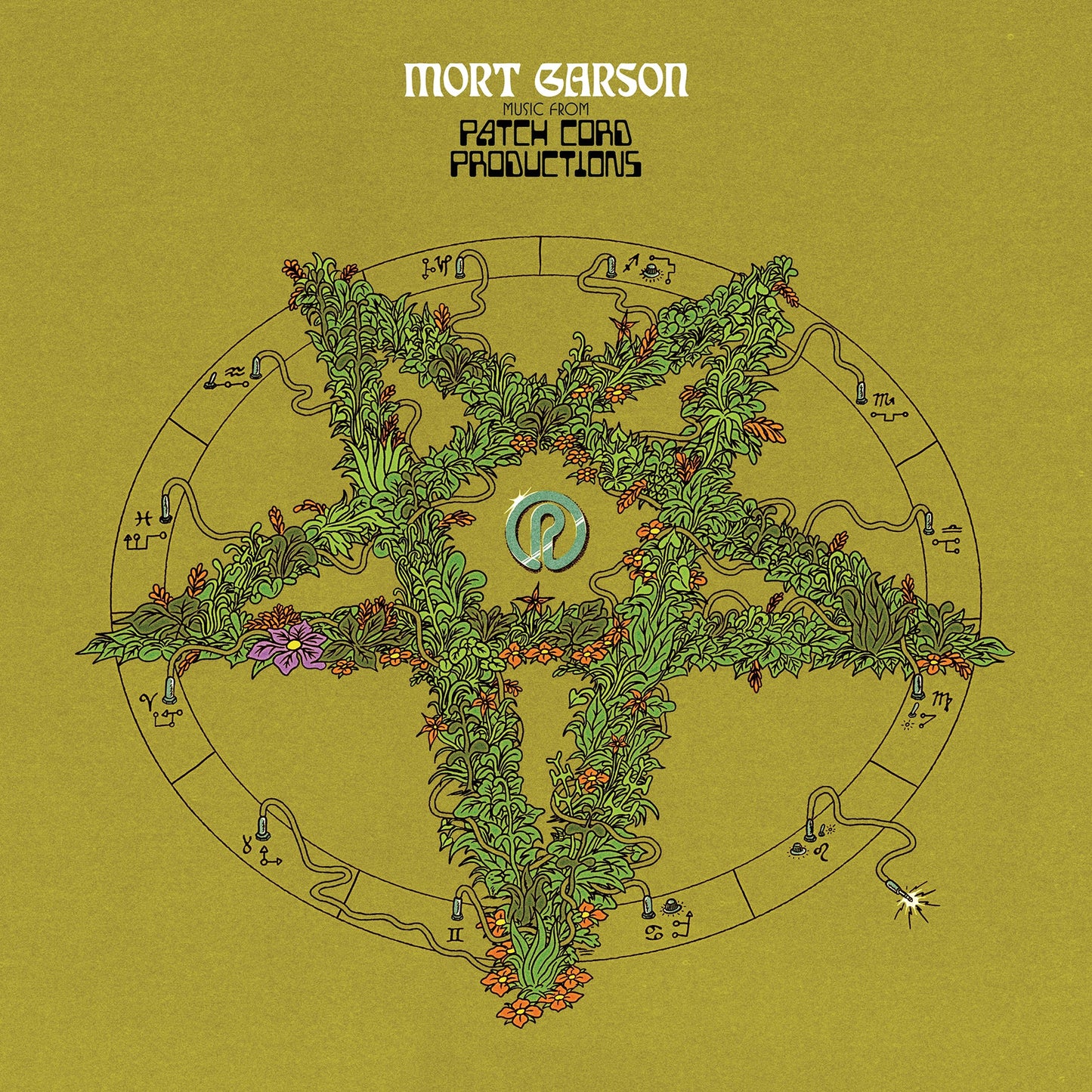 Cover art for Music From Patch Cord Productions featuring a floral pentagram with astrological symbols on a muted green background