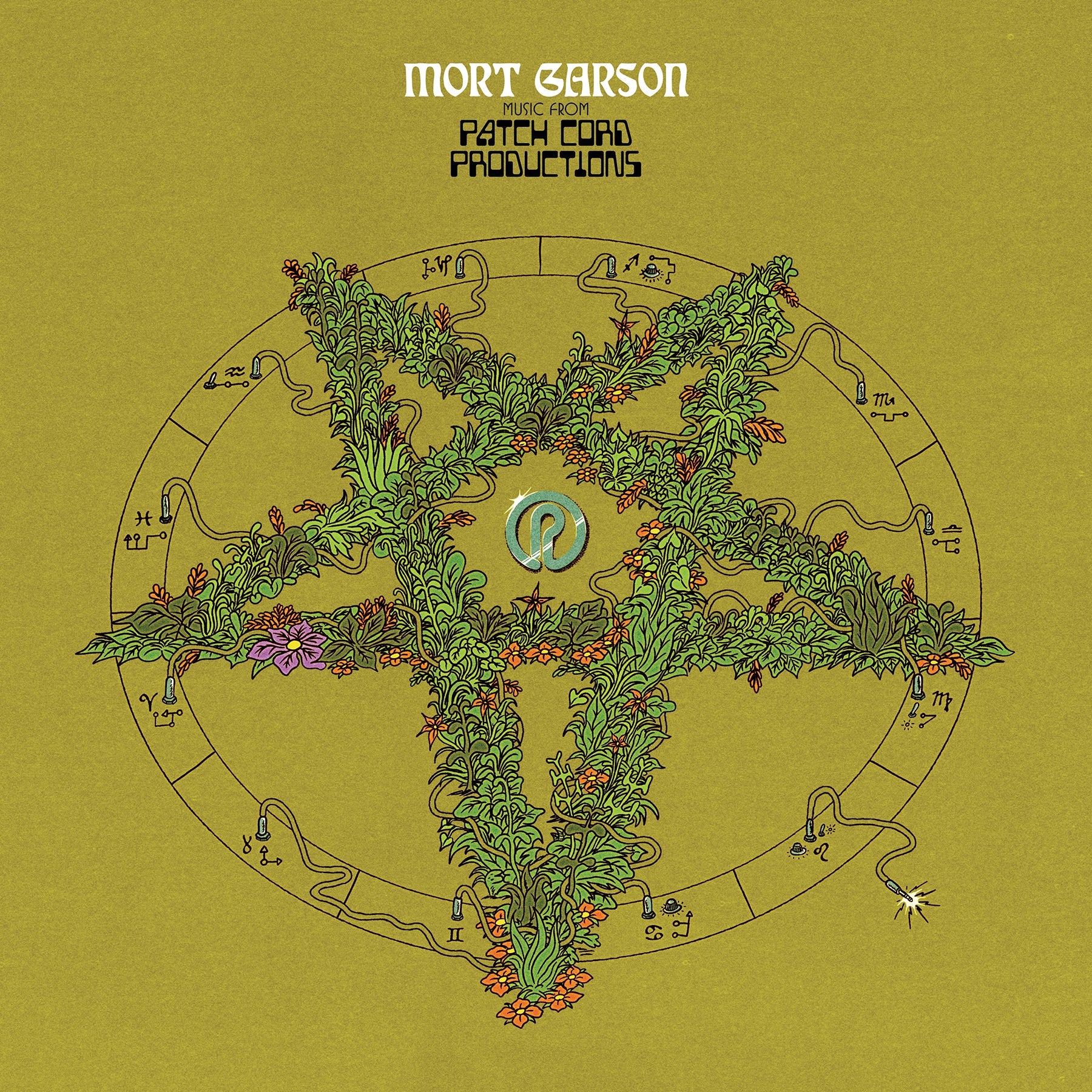 Cover art for Music From Patch Cord Productions featuring a floral pentagram with astrological symbols on a muted green background